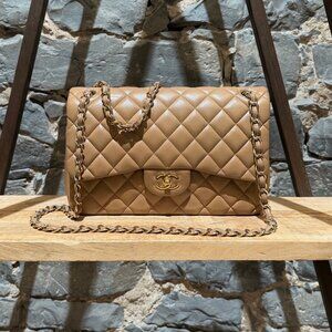 Chanel 2013-2014 Beige Lambskin Jumbo Classic Double Flap Bag